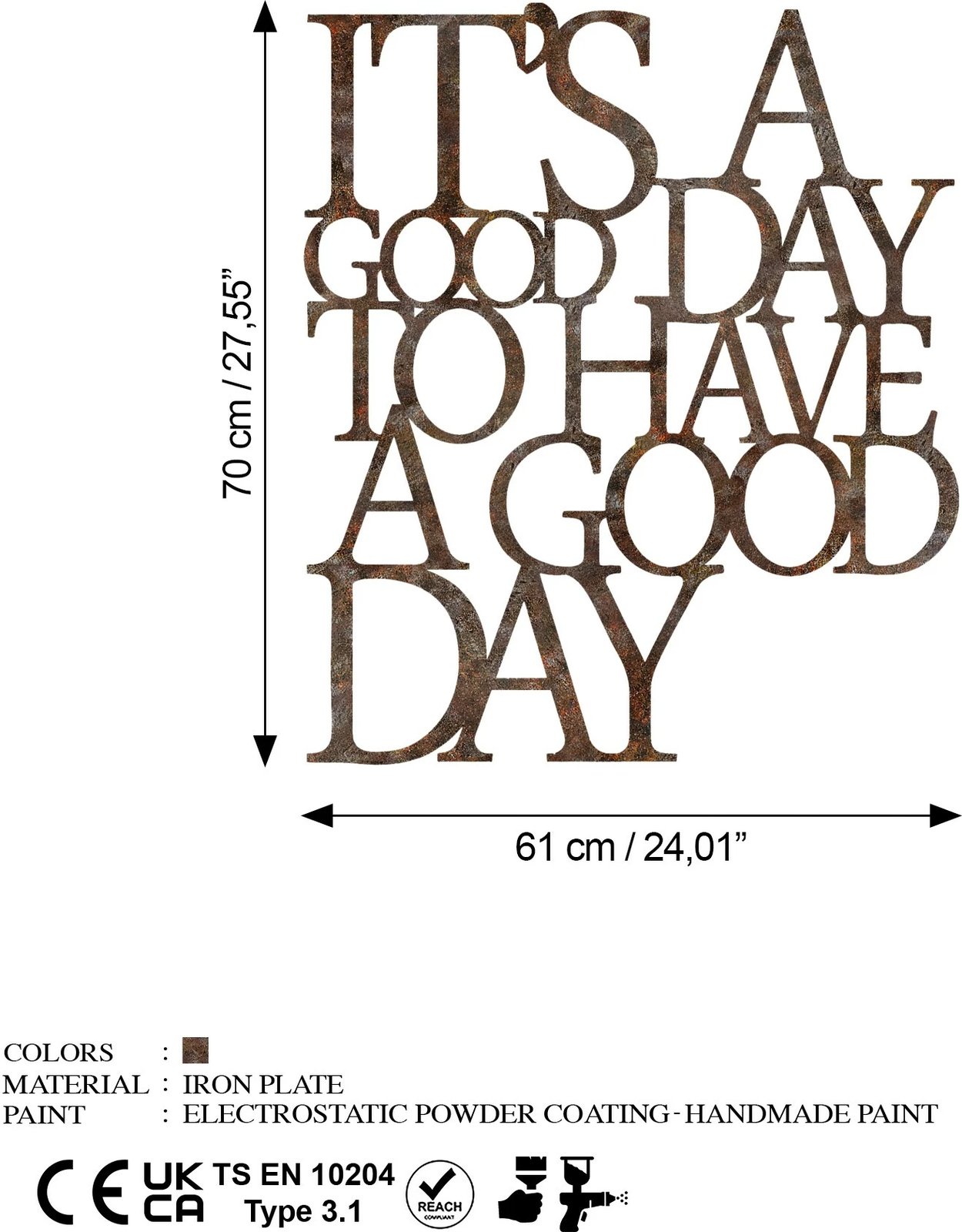 Aksesor dekorativ metalik për mur Wallity, ngjyrë antike, Have a Good Day