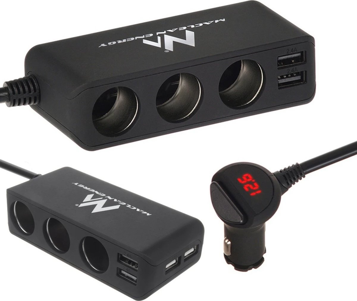 Ndarës prizë çakmaku Maclean MCE117, 3 dalje, 2xUSB, voltmetër, i zi