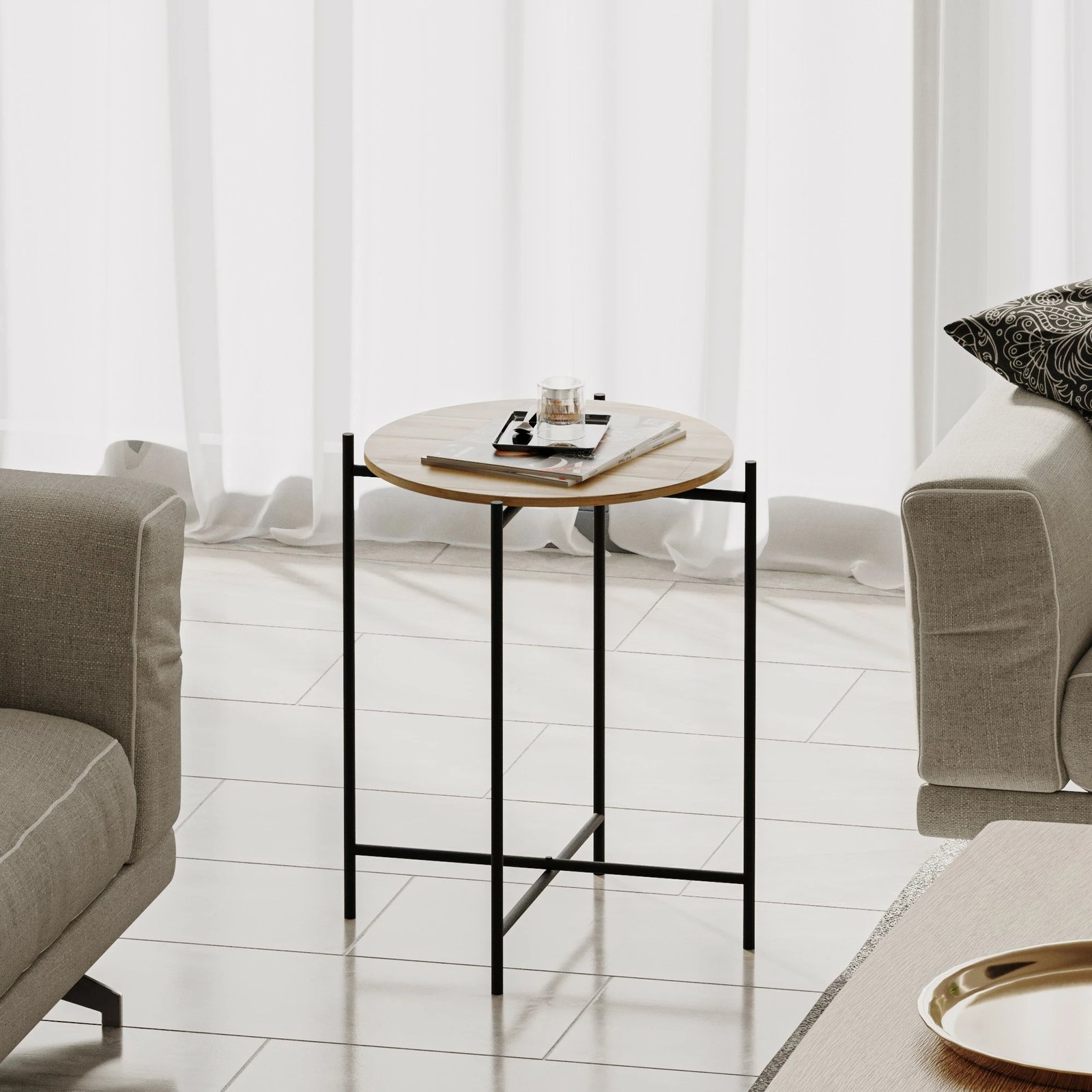 Tavolinë kafeje Hanah Home, SHB-004, dru natyral, kornizë metalike, 46x56x46 cm