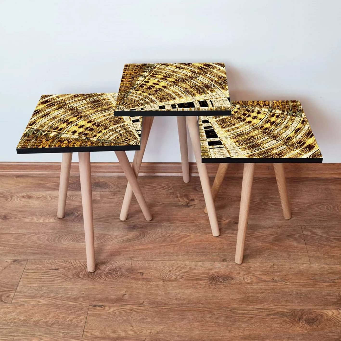 Set tavolinash ndihmëse, 3 copë, ngjyrë ari dhe kafe, Skye Decor, 3Shp142