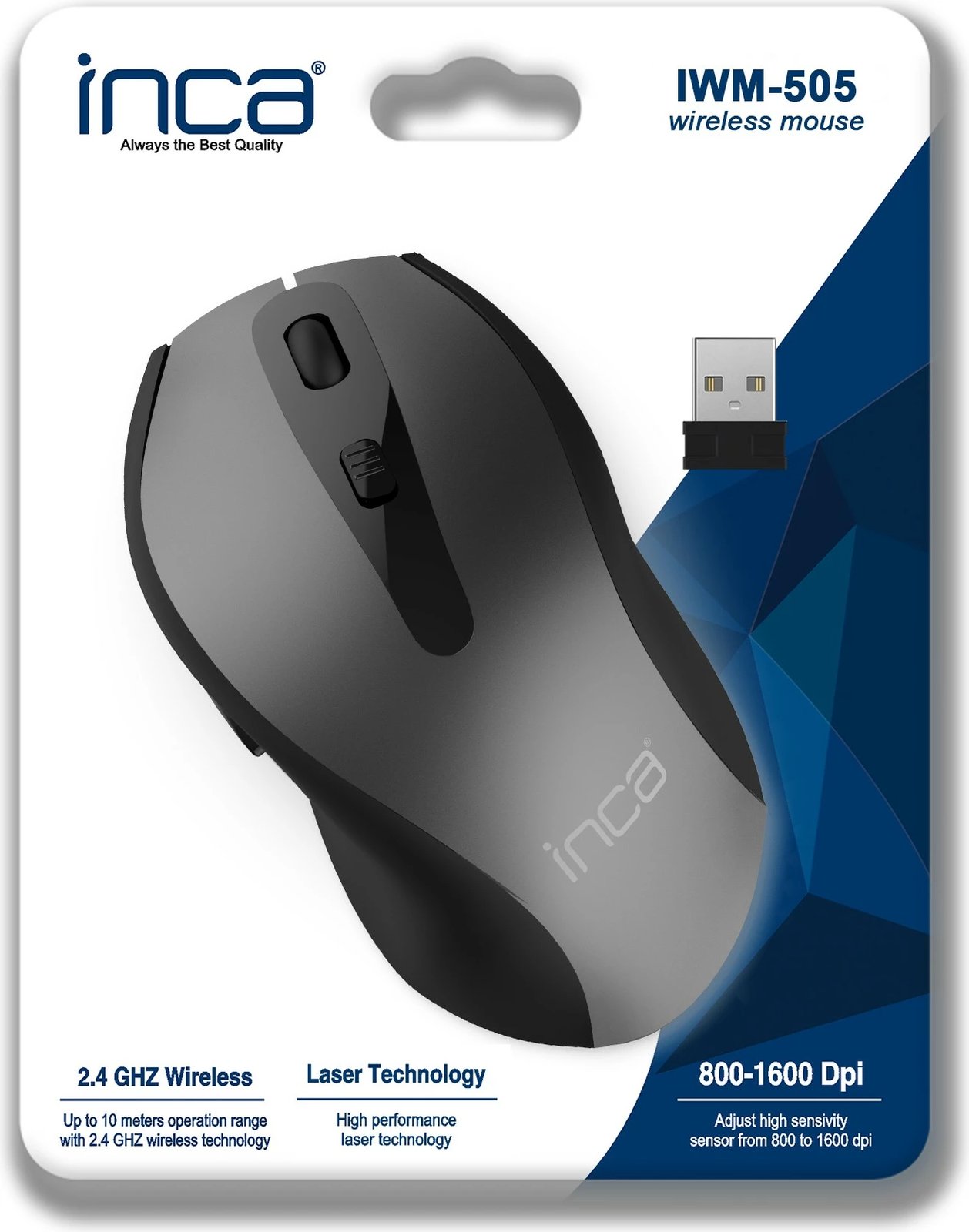 Maus wireless Inca IWM-505, 1600 DPI, laser, ergonomik, zi/gri