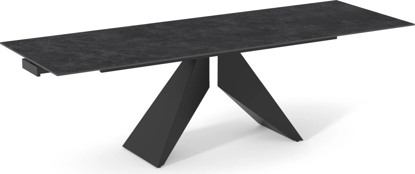 Tavolinë ngrënieje e zgjatshme Dominion, sipërfaqe qeramike, këmbë metalike, 180(40+40)x90x76cm