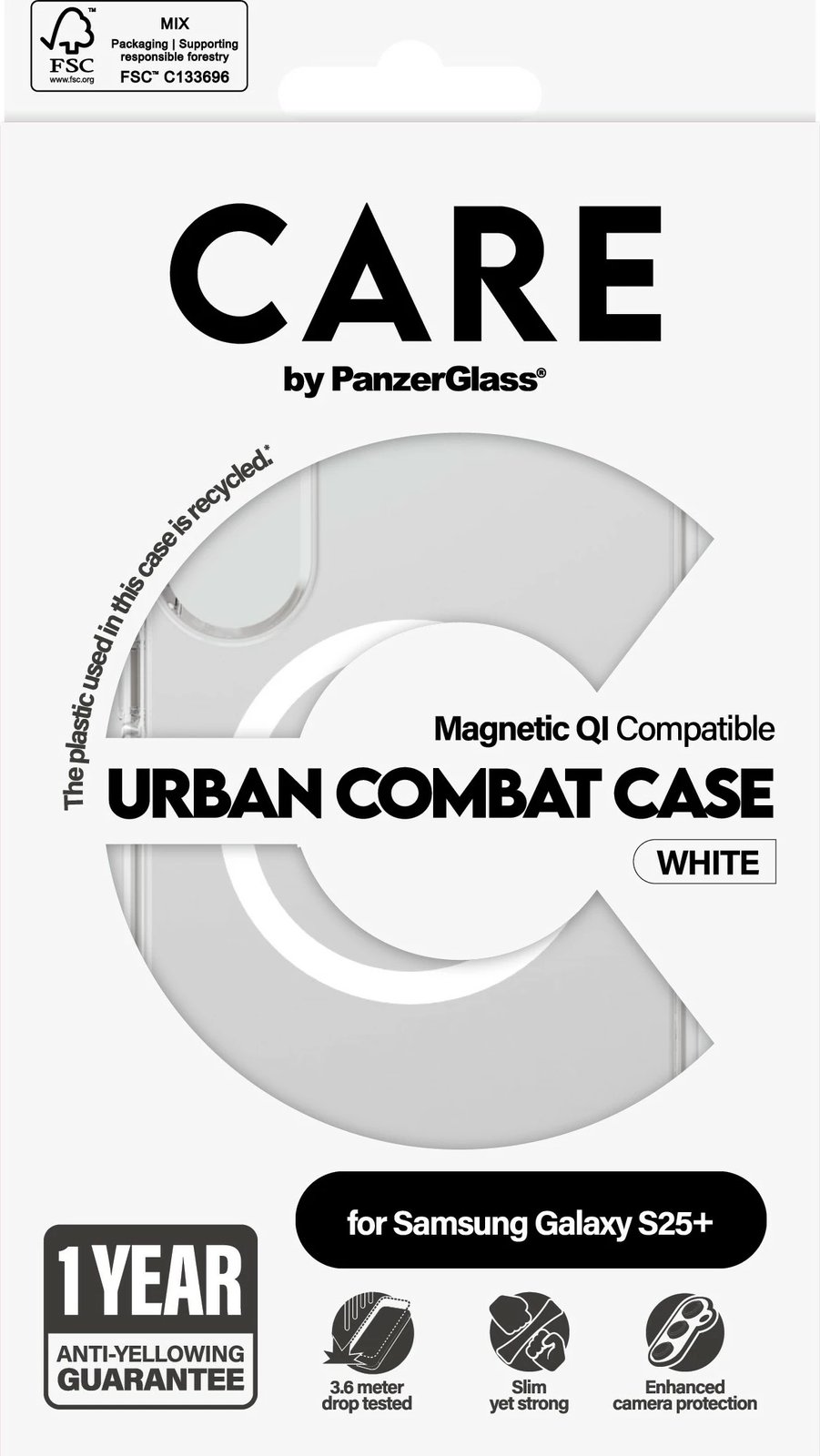 Mbështjellës PanzerGlass CARE Flagship Case transparent për Samsung Galaxy S25 Plus, QI, i bardhë