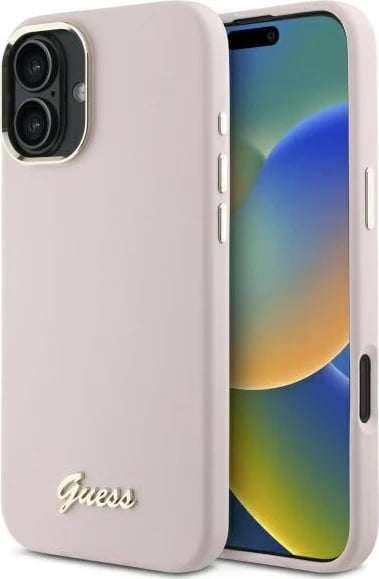 Mbështjellës Guess Silicone Script Metal Logo & Frame për iPhone 16, Rozë