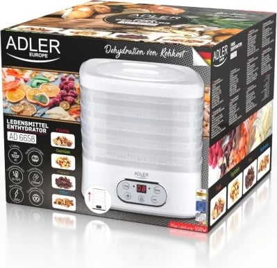 Dehidratues ushqimi, Adler AD 6658, 5 tabaka, temperaturë 35–70°C, timer 1–70 orë, 550W, LCD, i bardhë