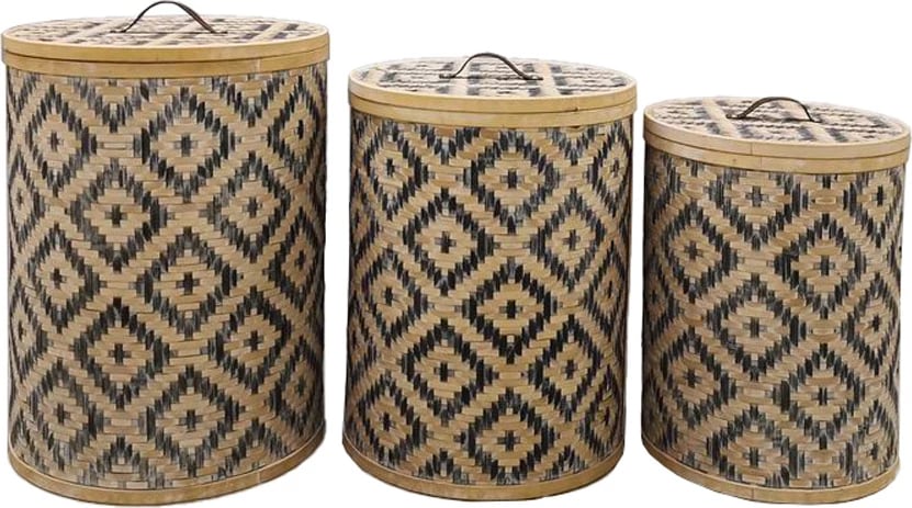 Set shporta me kapak NUBIA, 3 copë, bambu natyrale, lëkurë e zezë, 47x47x62cm