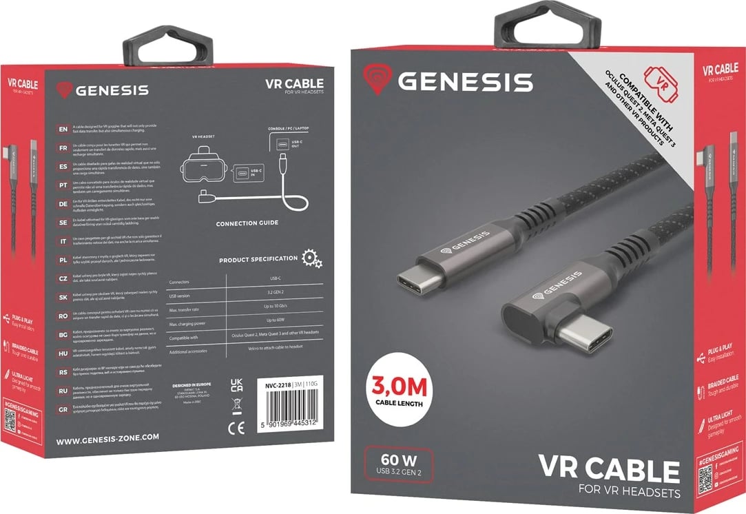 Kabllo USB-C GENESIS NVC-2218, 3m, USB 3.2 Gen 2, E zezë/Gri
