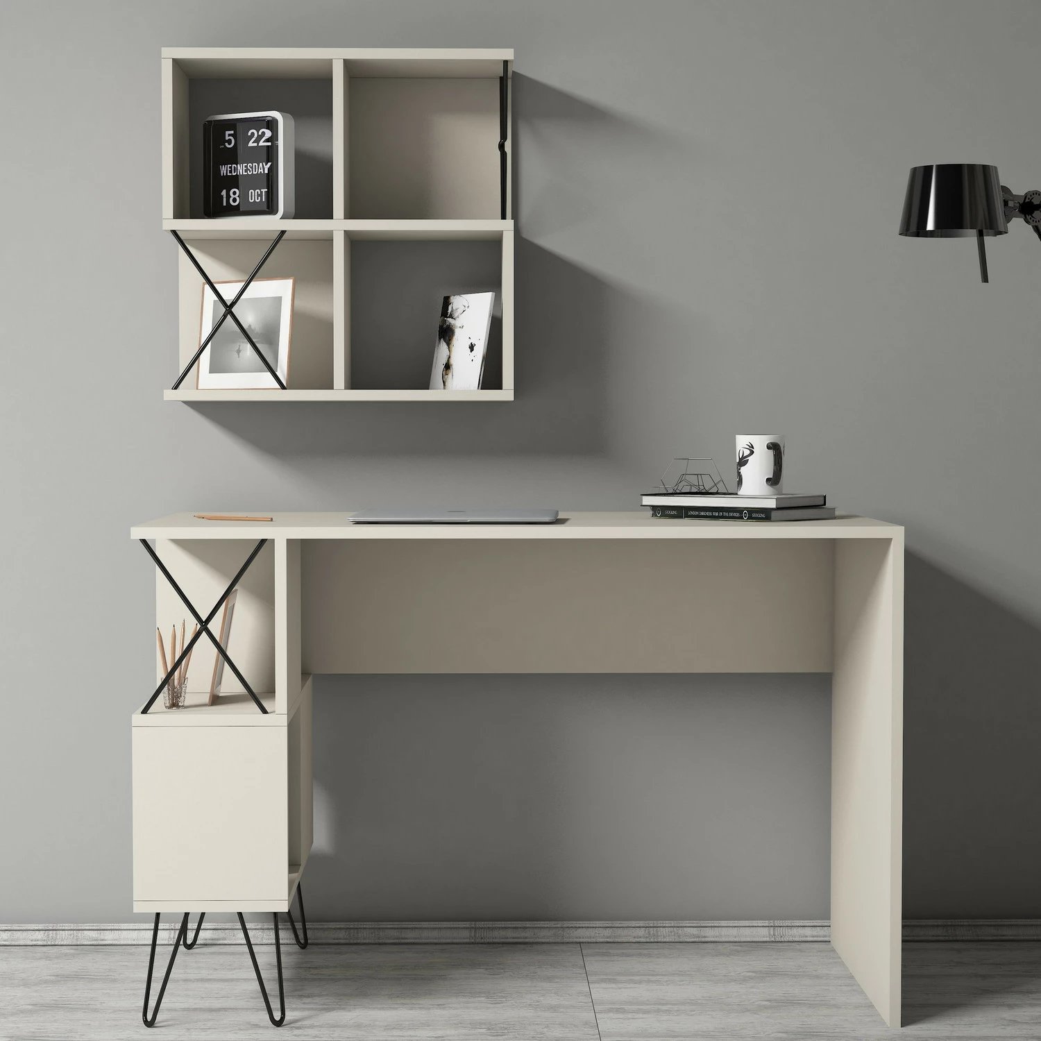 Set tavoline studimi me rafte, ngjyrë krem dhe e zezë, Skye Decor, Extra 2