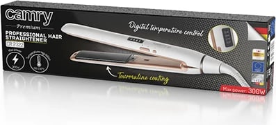 Drejtues flokësh, Camry, CR 2322, pllaka qeramike-turmalin, kontroll digjital, 4 temperatura 150-230°C, e bardhë