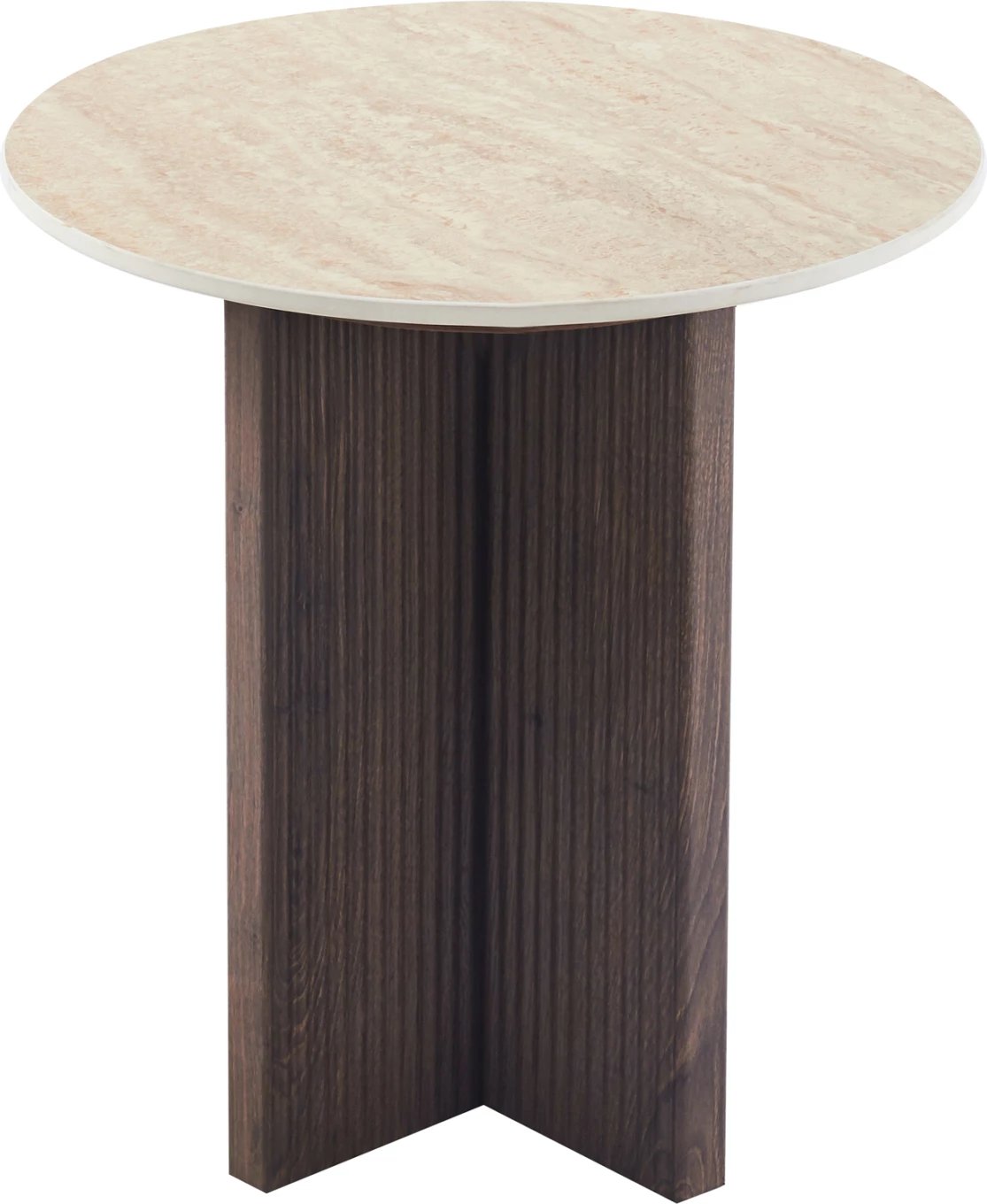 Tavolinë anësore SKY, sipërfaqe qeramike, pamje travertini, bazë MDF kafe, Φ45x50cm