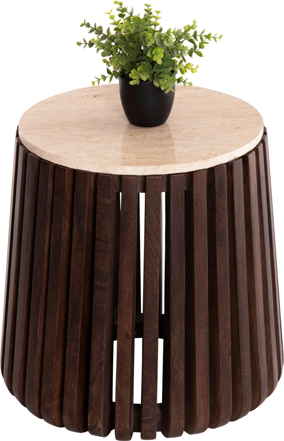 Tavolinë anësore KREST FH9711 dru akacie ngjyrë kafe e çelët-bardhë travertin Φ50x50Hcm