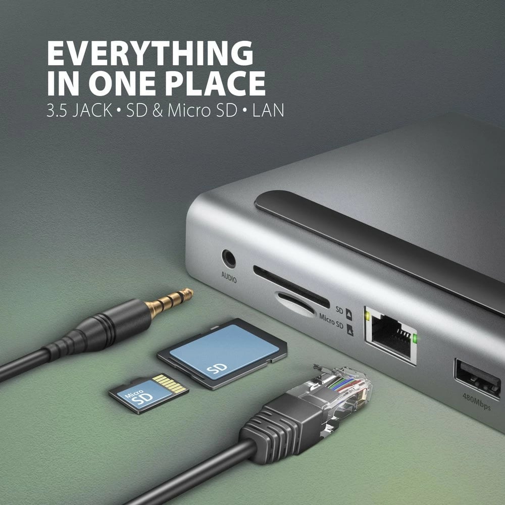 Kasë AXAGON HMC-4KX3 multiport USB 11-në-1, 5Gbps, 3x USB-A, 2x HDMI 4K/60Hz + DP 4K/60Hz + GLAN + SD/microSD + audio, 100W PD, kabllo USB-C 40cm, Gri