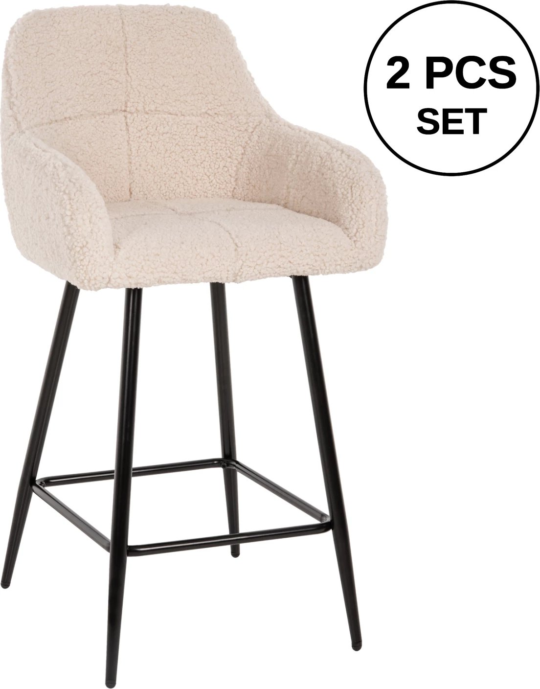 Karrige për bar, lartësi mesatare, STRIKE, FH8592.02, pëlhurë TEDDY e bardhë, këmbë metalike të zeza, 50x50x94,5H cm., set prej 2 copë