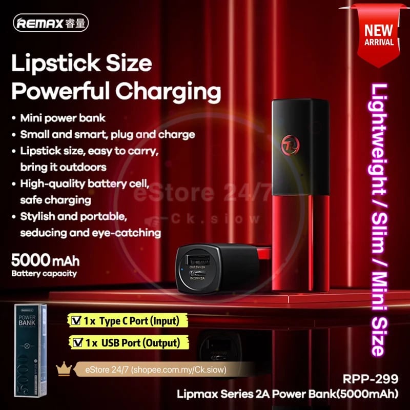 Power Bank në formë buzëkuqi Remax RPP-299, 5000 mAh, me 2 porta për USB, e kuqe