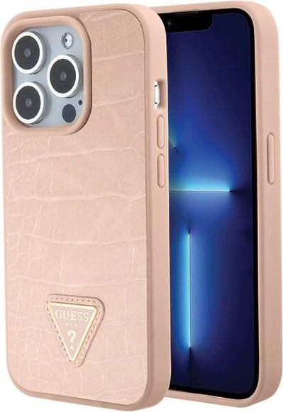 Mbështjellës Guess Croco Triangle Metal Logo për iPhone 15 Pro, rozë Mbështjellës Guess Croco Triangle Metal Logo për iPhone 15 Pro, rozë