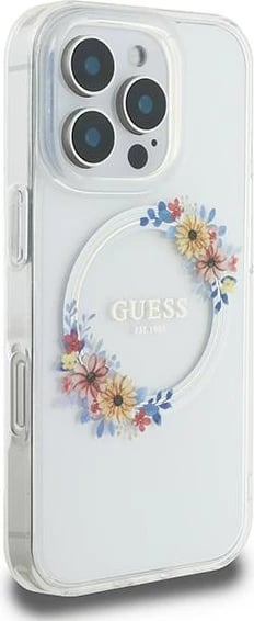 Mbështjellës Guess Flowers Wreath MagSafe për iPhone 16 Pro, Transparent