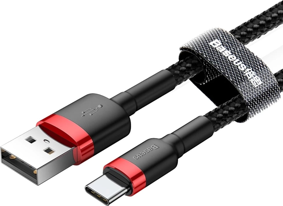 Kabllo Baseus Cafule CATKLF-A91 USB-A në USB-C, 0.5m, 3A, QC 3.0, e zezë dhe e kuqe