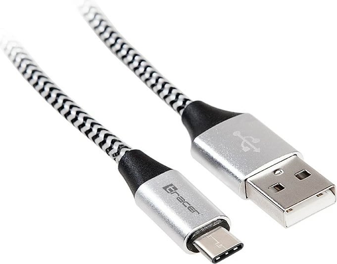 Kabllo USB 2.0, Tracer, TRAKBK46265, Type-C mashkull në USB-A mashkull, 1 m, deri 2.1A, ngarkim + të dhëna, e zezë/argjendtë