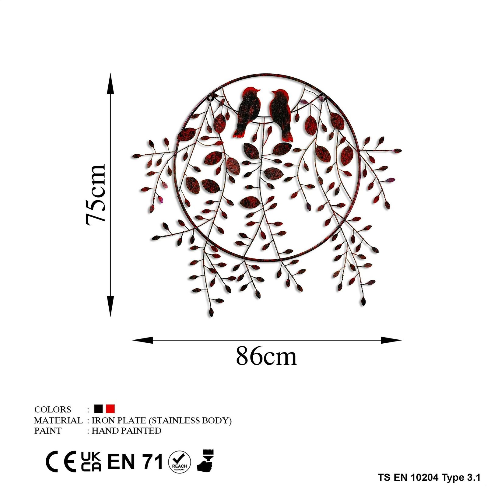 Aksesor dekorativ metalik për mur, dashuria e zogjve, shumëngjyrësh, 75x86cm