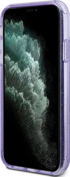 Mbështjellës Guess Ring Stand Script Glitter MagSafe për iPhone 11/XR, vjollcë