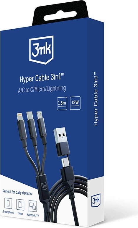 Kabllo 3in1 3mk Hyper Cable, 1.5m, USB-A në USB-C/Micro USB/Lightning, e zezë Kabllo 3in1 3mk Hyper Cable, 1.5m, USB-A në USB-C/Micro USB/Lightning, e zezë