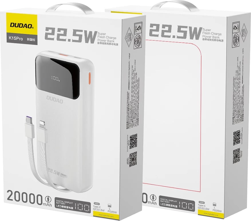 Powerbank Dudao K15Pro, 20000mAh, 22.5W, me kabllo të integruara Lightning dhe USB-C, Bardhë