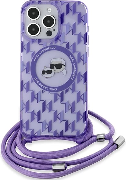 Mbështjellës Karl Lagerfeld IML Crossbody Monogram Karl & Choupette Head MagSafe për iPhone 15 Pro Max, Vjollcë