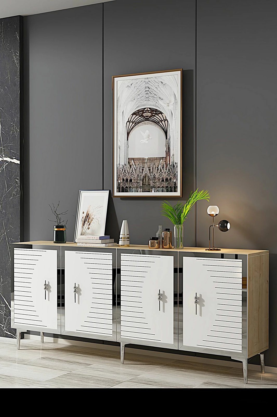 Konsol Skye Decor, Tuna 180, ngjyrë lis safir, e bardhë, argjend