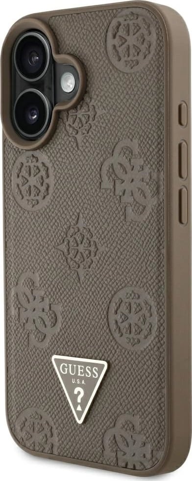 Mbështjellës Guess Grained Hot Stamp Peony Triangle Logo MagSafe për iPhone 16, Kafe