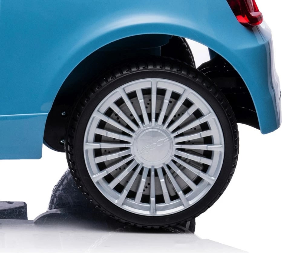 makinë elektrike për fëmijë, Milly Mally, Fiat 500e, 12V dy motorë 390, 3 shpejtësi 3–6 km/h, telekomandë prindërore, USB Bluetooth LED, blu