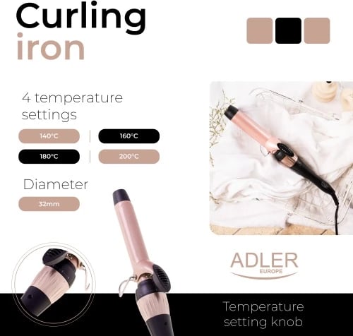 mashë flokësh, Adler AD 2118, 32mm, kontroll temperature 140-200°C, cilindër qeramik, rozë/zezë