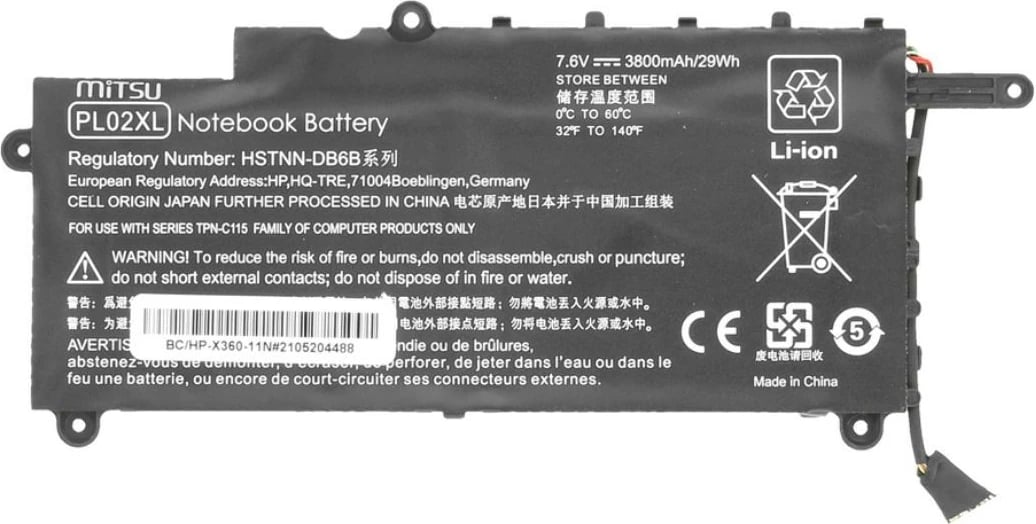 Bateri laptop Mitsu për HP Pavilion X360 11-N, 3800 mAh, 7.6V, Li-poly, e zezë