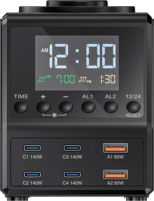 Orë alarmi me karikues 10‑në‑1, BlitzWolf BW-FW10, 4x USB-C + 2x USB-A, 2 karikim pa tela (telefon 15W + smartwatch 5W), PD 3.1 deri 240W, e zezë