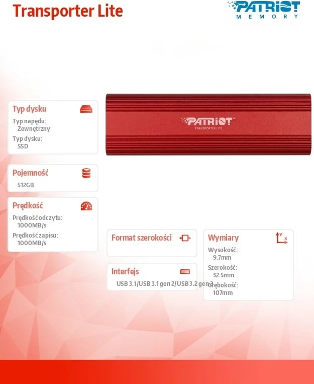 SSD i jashtëm Patriot Transporter Lite 512GB, USB Type-C, Kuq