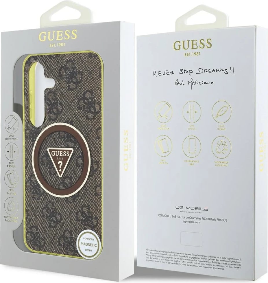 Mbështjellës Guess 4G Glitter Triangle Buttons MagSafe për Samsung Galaxy S25, Kafe Mbështjellës Guess 4G Glitter Triangle Buttons MagSafe për Samsung Galaxy S25, Kafe