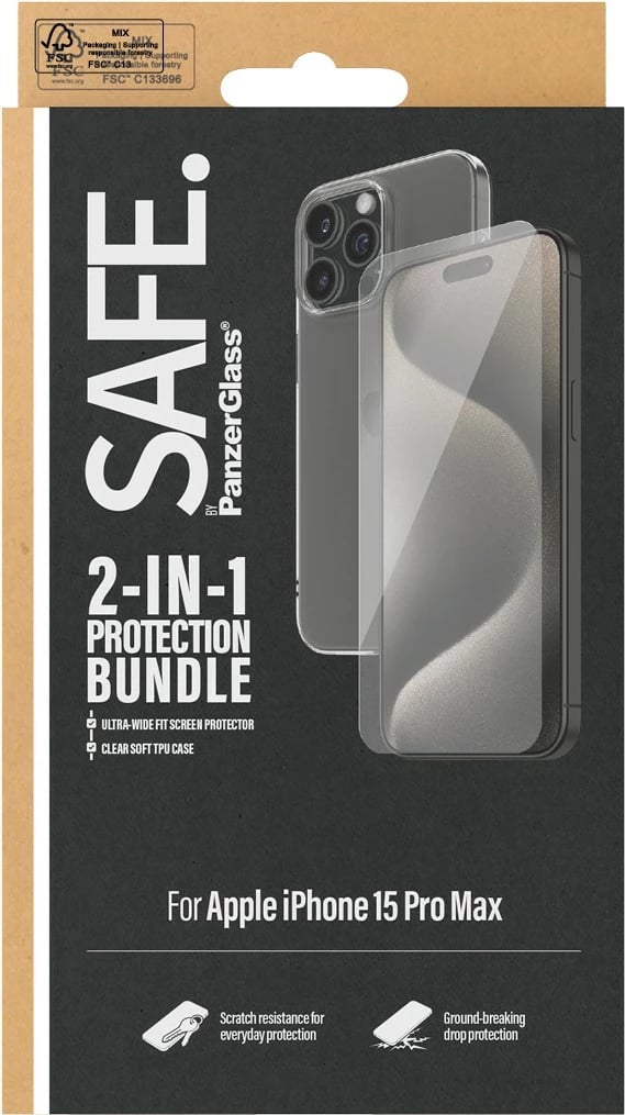 Mbrojtës ekrani PanzerGlass SAFE. 2-in-1-Pack për iPhone 15 Pro Max, transparent