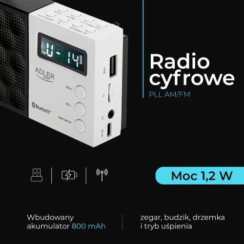 radio dixhitale PLL AM/FM, Adler AD 1908, Bluetooth 5.0, USB/SD, memorie 20 stacione, ekran LCD, 1.2 W, bateri 800 mAh, bardh e zezë