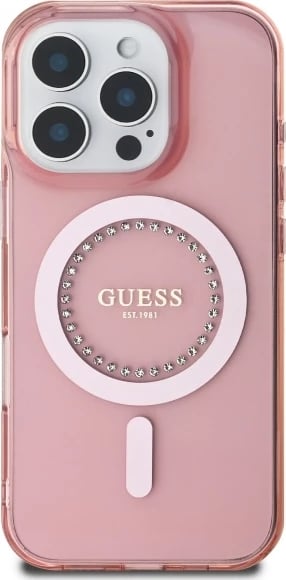 Mbështjellës Guess IML Rhinestones për iPhone 16 Pro Max, MagSafe, Rozë