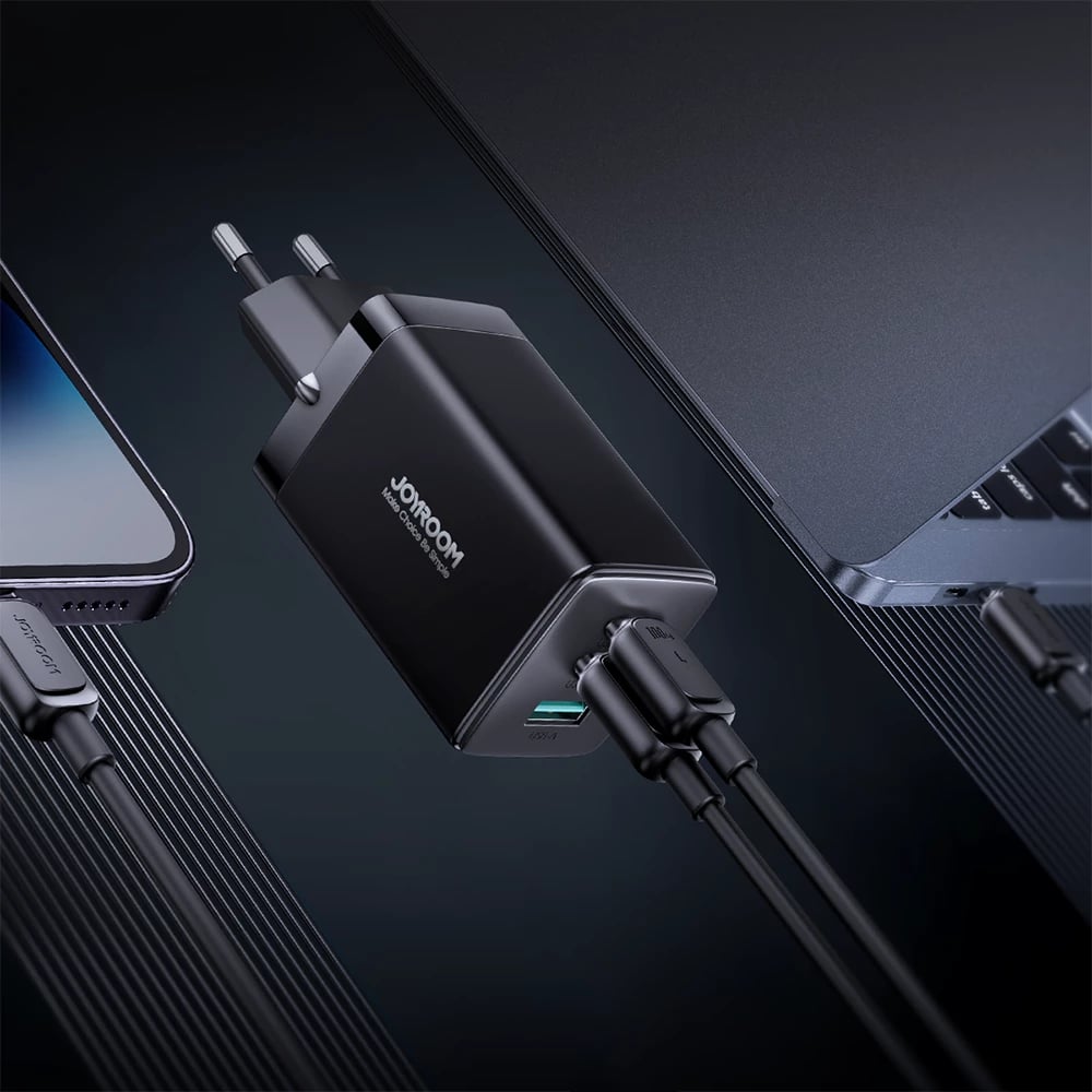 Karikues i shpejtë GaN Joyroom TCG01, 65W, 2x USB-C & 1x USB-A, me kabllo USB-C në USB-C 100W, i zi
