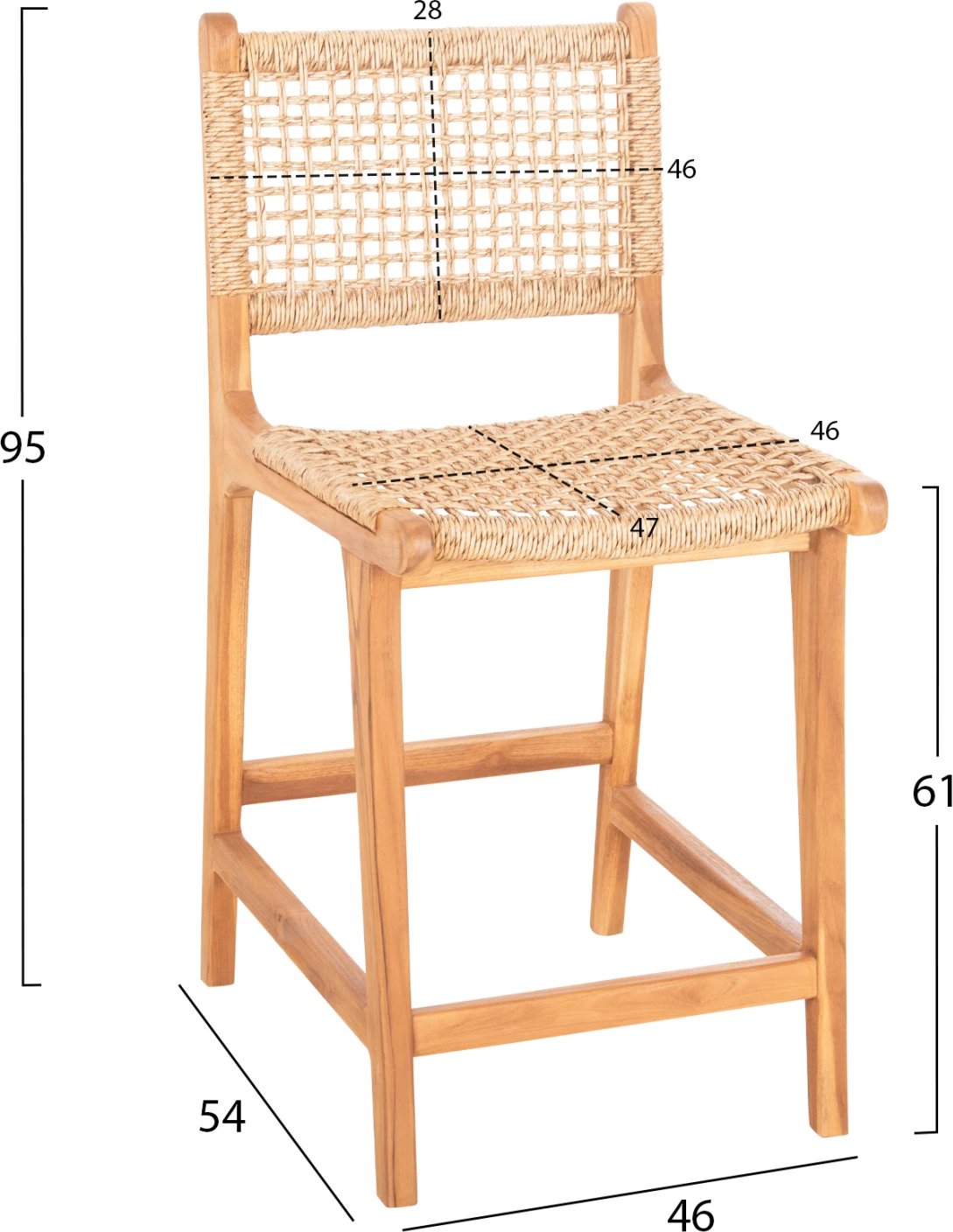 Karrige për bar me mbështetëse BORIS FH9381.11 dru tik & litar VIRO 46x53x96 cm