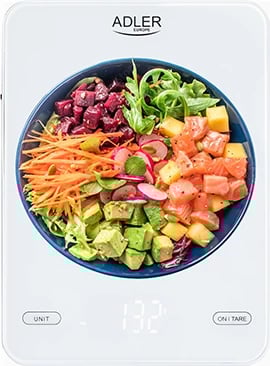 Peshore kuzhine, Adler, AD 3177, kapacitet 10kg, USB Type-C e rikarikueshme, platformë xhami 16x22cm, e bardhë