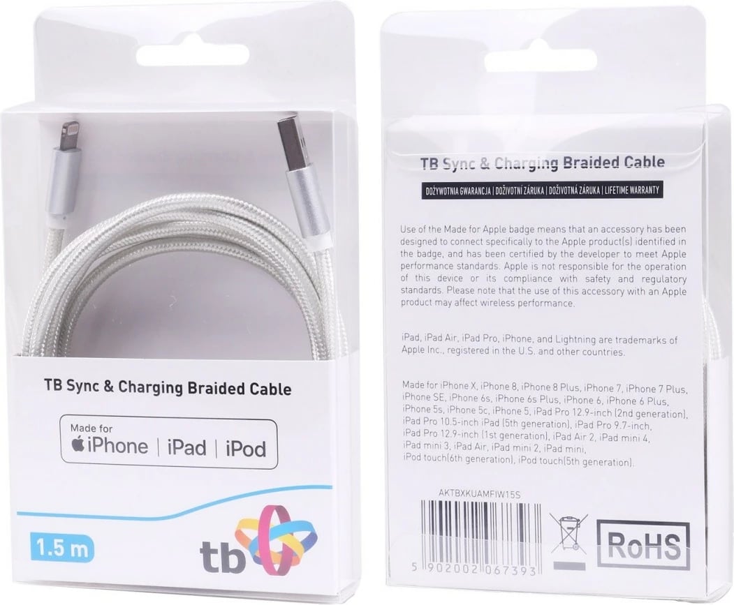 Kabllo Lightning-USB TB, 1.5m, argjendtë