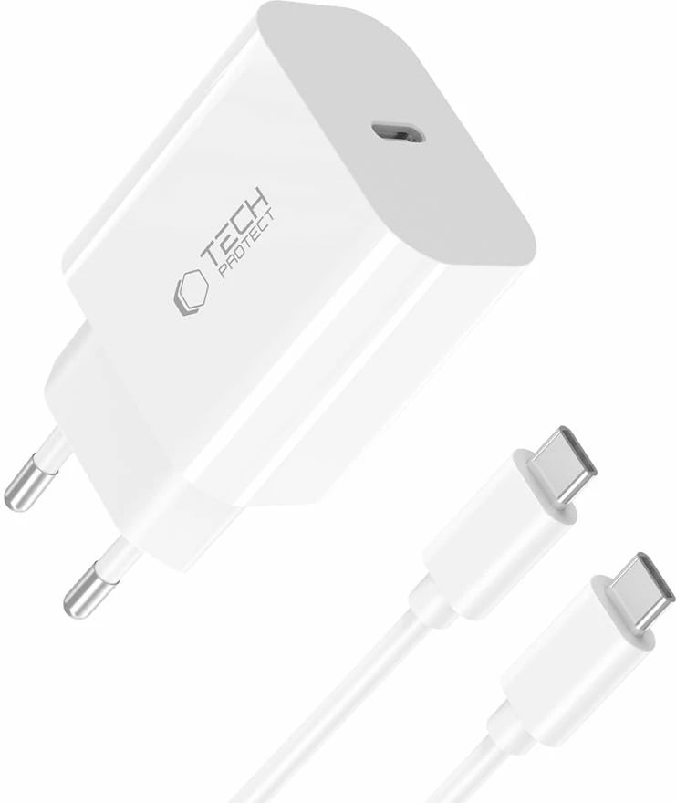 Karikues muri Tech-Protect NC20W me USB-C, 20W, me kabllo USB-C, Bardhë
