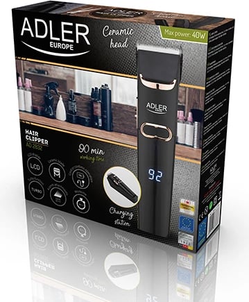 Makinë qethëse Adler AD 2832, teh qeramik/çelik, pa/kabllo, LCD, 1.5 orë punë, turbo, 4 krehra 3–12 mm, e zezë