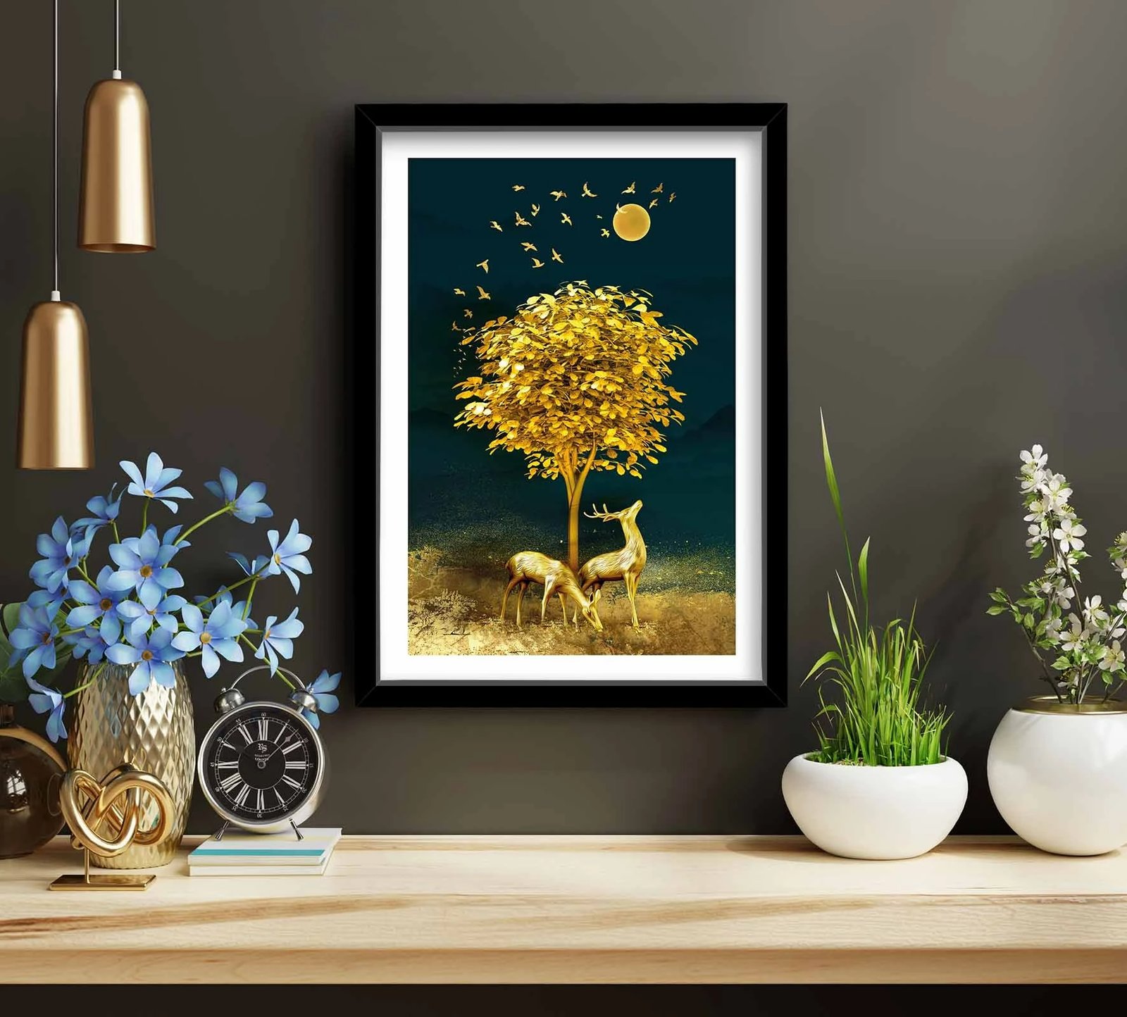 Pikturë dekorative me kornizë, MDF, 38x53cm, ngjyrë mustard, blu deti, mink, 3853NISCT-009