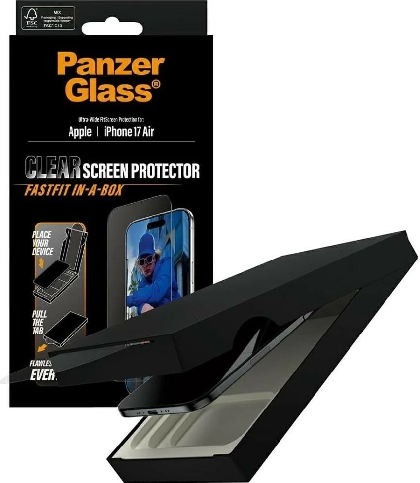 Mbështjellës xhami PanzerGlass Ultra-Wide Fit Fastfit për iPhone 17 Air transparent