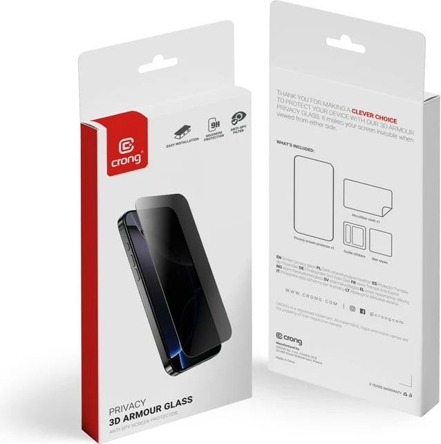 Xham privatësie i temperuar CRONG Privacy 3D Armour Glass për iPhone 16e / iPhone 14 / iPhone 13 / iPhone 13 Pro