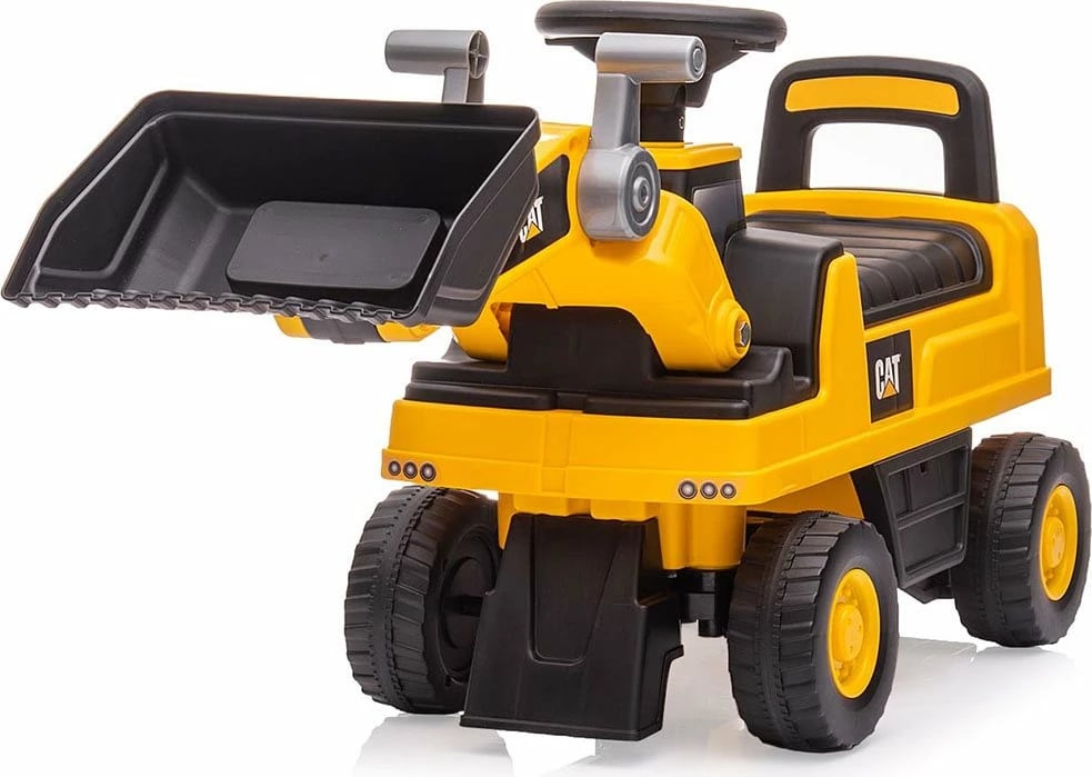 mjet ride-on ngarkues, Milly Mally CAT, timon me zë borie, dy blloqe kundër përmbysjes, magazinim nën ulëse, 12–36 muaj, deri 25 kg, e verdhë