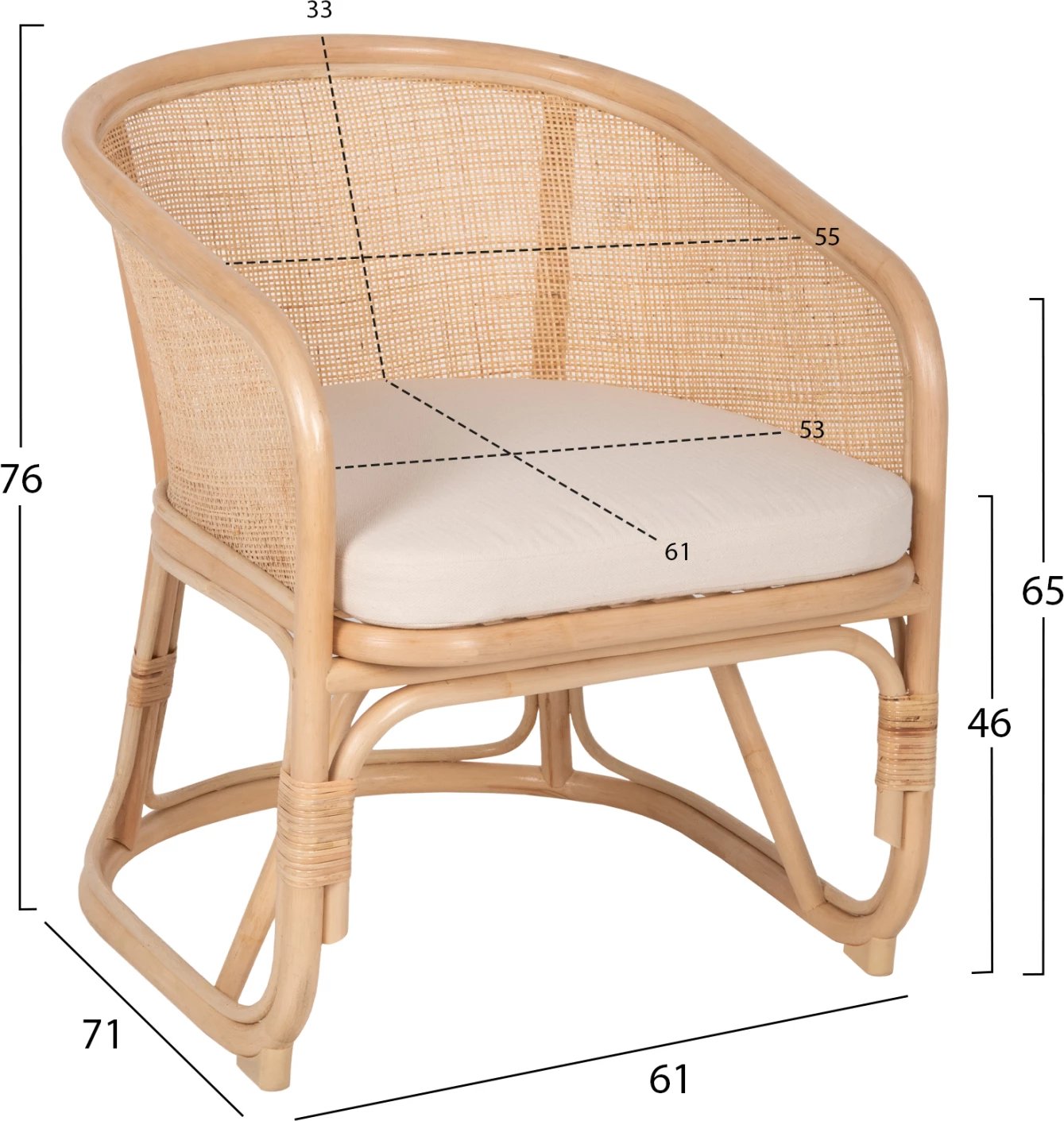 Karrige KIKO FH9839 rattan, ngjyrë natyrale, jastëk i bardhë, 61x71x76H cm.