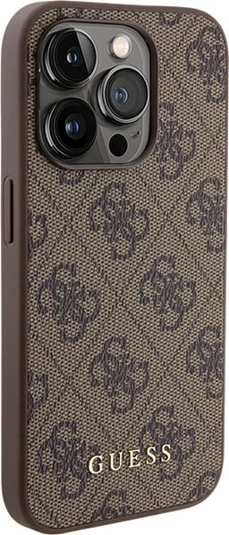 Mbështjellës Guess 4G Metal Gold Logo për iPhone 15 Pro, Kafe